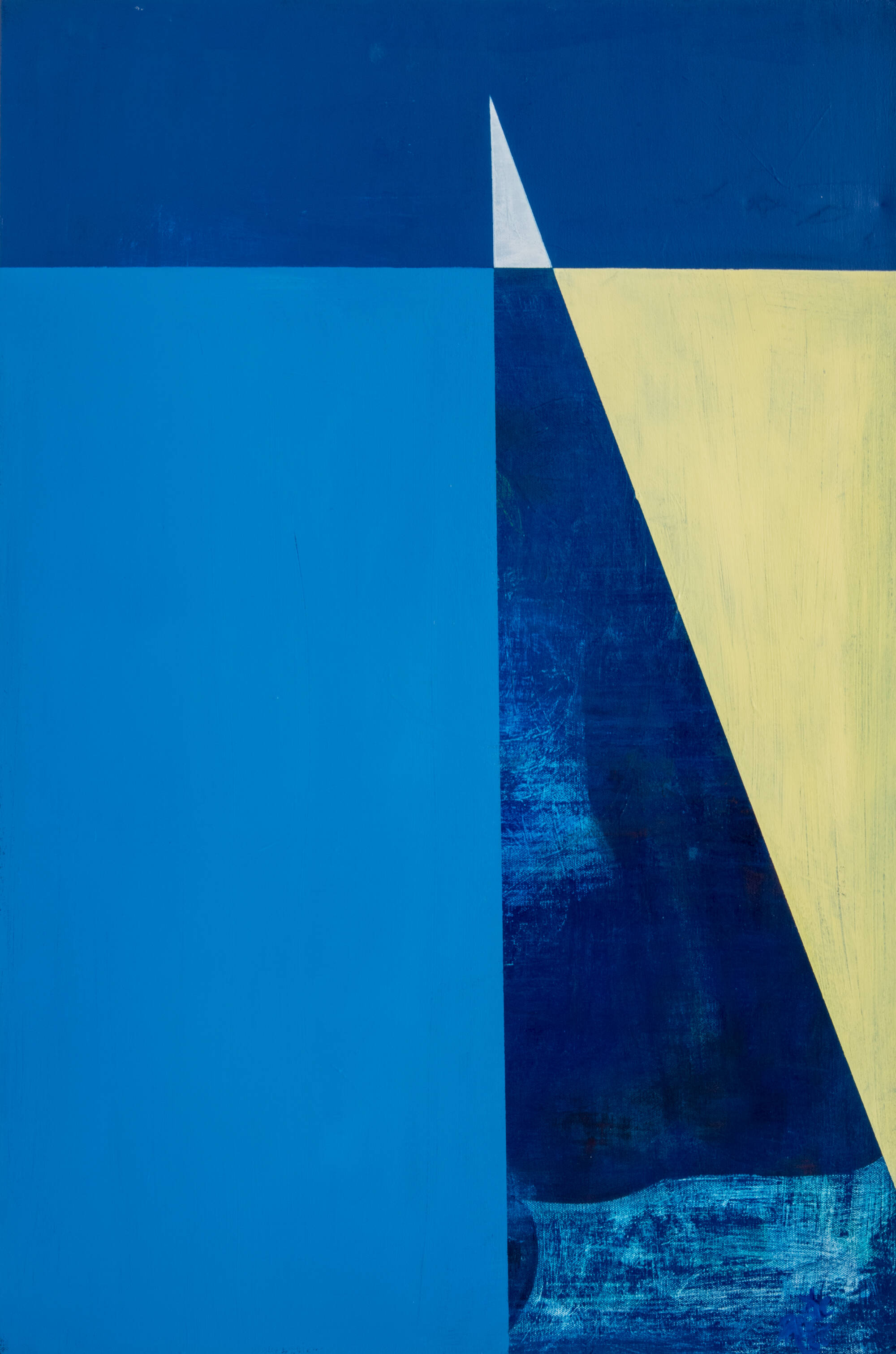 Abstract acrylic painting with shapes in shades of blue and yellow.